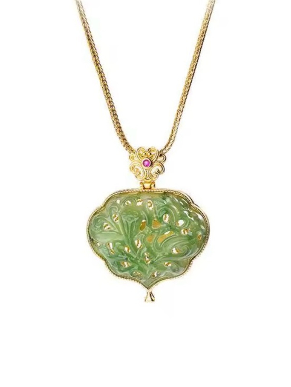 New Hetian Jade Carved Locket-styled Necklace 18k/.925, Stamped